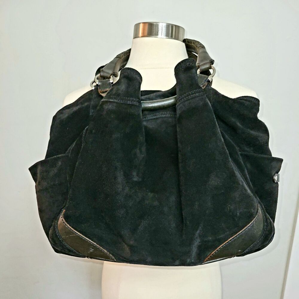 COLE HAAN Madelyn Black Suede leather trim Hobo Bucket Shoulder Handbag